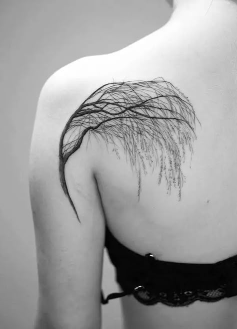 Willow Tree Tattoo Meaning: A Symbolic Expression of Nature's Resilience and Grace Tree Ring Tattoo, Tattoo That Represents Growth, Inspiring Tattoos For Women, Willow Tattoo, Willow Tree Tattoo, Tree Tattoo Meaning, Tree Branch Tattoo, Willow Tree Tattoos, Blade Tattoo