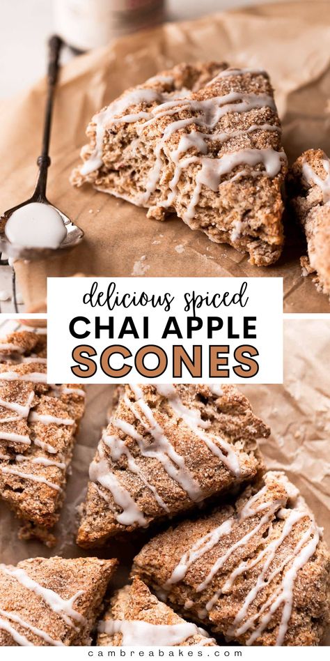 These fresh apple cinnamon scones have the best apple flavor, warm spices, and a delicious cinnamon glaze on top. They are perfect fall recipe served for a breakfast treat or dessert! | Cambrea Bakes Apple Chai Scones, Savory Fall Baked Goods, Fall Flavored Scones, Apple Scone Recipes, Home Made Scones Recipe, Fun Scone Flavors, Baking With Fresh Apples, Apple Cinnamon Sourdough Scones, Christmas Morning Scones