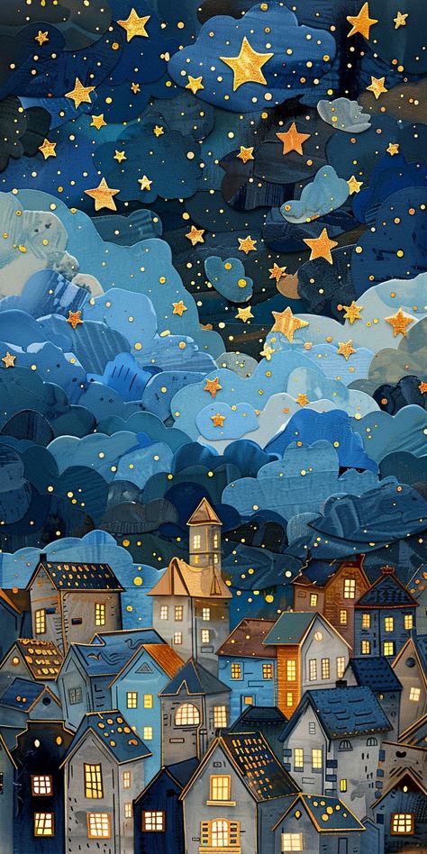 #WhimsicalCityscape #Nighttime #PaperCutouts #CollageTechniques #Dreamy #Magical #TheCandie Murmuration Art, Night Scenes, Inspirational Digital Art, Arte Folk, Night Illustration, Paper Cutouts, Winter Illustration, Collage Techniques, Diy Watercolor Painting