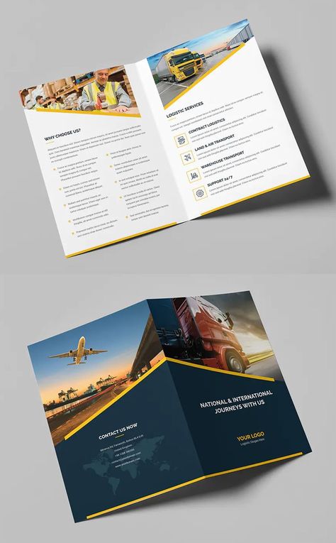 Logistic Bi-Fold Brochure Template PSD 2 Fold Brochure Design, Bi Fold Brochure Design, Brochure Sample, Catalog Design Layout, Travel Website Design, Brochure Inspiration, Trifold Brochure Design, Brochure Template Psd, Annual Report Design