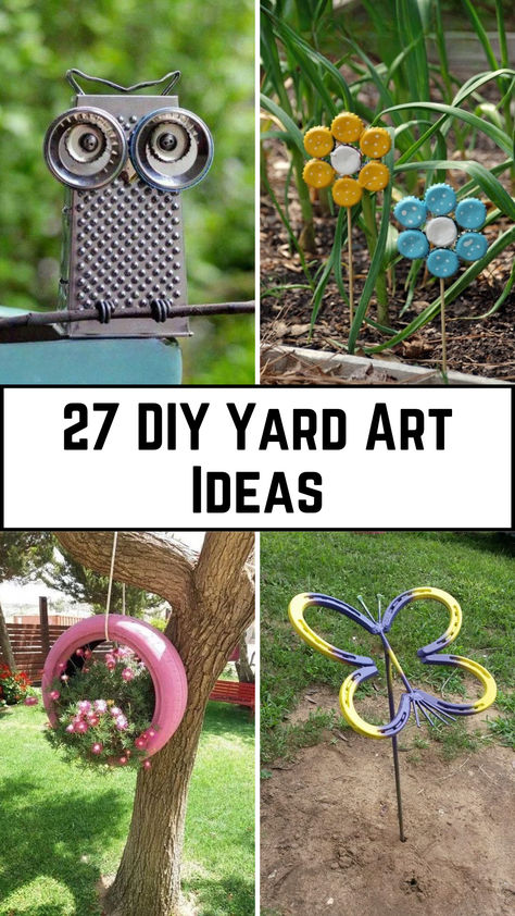 A vibrant yard featuring DIY yard art, including painted rocks, upcycled planters made from old tires, hanging lanterns, and garden sculptures made from recycled materials. Backyard Sculptures Diy, Backyard Signs Diy, Funky Patio Ideas, Front Yard Decor Ideas Diy Budget, Upcycled Yard Art, Outdoor Garden Decor Ideas Diy Projects, Garden Diy Décor, Garden Crafts Diy Yard Art, Upcycle Garden Ideas