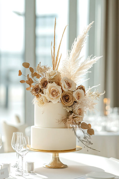 Boho Glam Wedding Cake, Boho Themed Wedding Cake, Champagne Colored Cake, Neutral Wedding Cake Ideas, Elevated Boho Wedding, Boho Treats Ideas, Elegant Fall Wedding Ideas Classy, Boho Western Wedding Cake, Boho Wedding Cake Bohemian Style