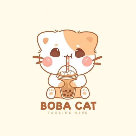 Drawing Cute Doodles, Milk Tea Cartoon, Tea Cartoon, Cat Drawing Cute, Drink Boba, Kawaii Logo, Kawaii Cat Drawing, Boba Milk Tea, Boba Milk