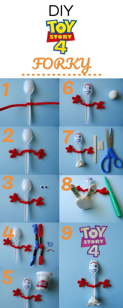 Learn how to make Forky from Toy Story 4. It's a great activity to do before or after watching the movie. It's such an easy and fun craft for children.  #toystory #toystory4 #forky #craft #crafts #diy #children #kids #toystorycrafts #summer #summercraft Forky Craft, Diy Forky, Toy Story Crafts, Craft For Children, Toy Story Party Decorations, Movie Crafts, Toy Story Theme, Toy Story Birthday Party, Birthday Toys