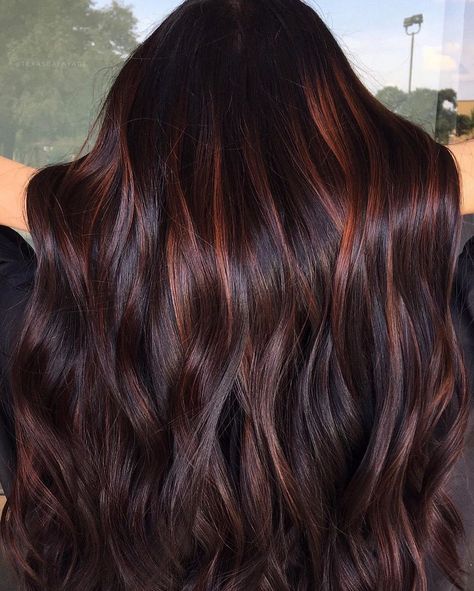 Mahogany Balayage, Dark Copper Balayage Brunette, Burgandy Hair, Curly Highlights, Mahogany Hair, Chocolate Hair, Balayage Hair Dark, Dark Hair With Highlights, Red Highlights