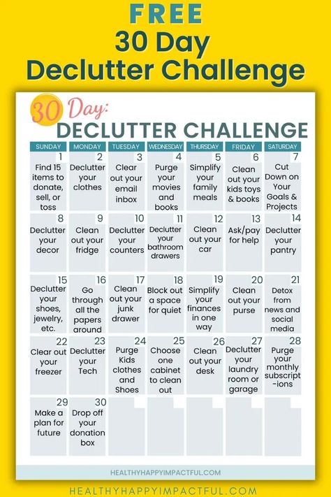 free pdf 30 day challenge to declutter your home and life pin Declutter Month Challenge, 2025 Declutter, 30 Day Declutter Challenge, 30 Day Declutter, Cleaning Schedule Printable, 30 Day Challenges, Declutter Challenge, Declutter Home, Schedule Printable