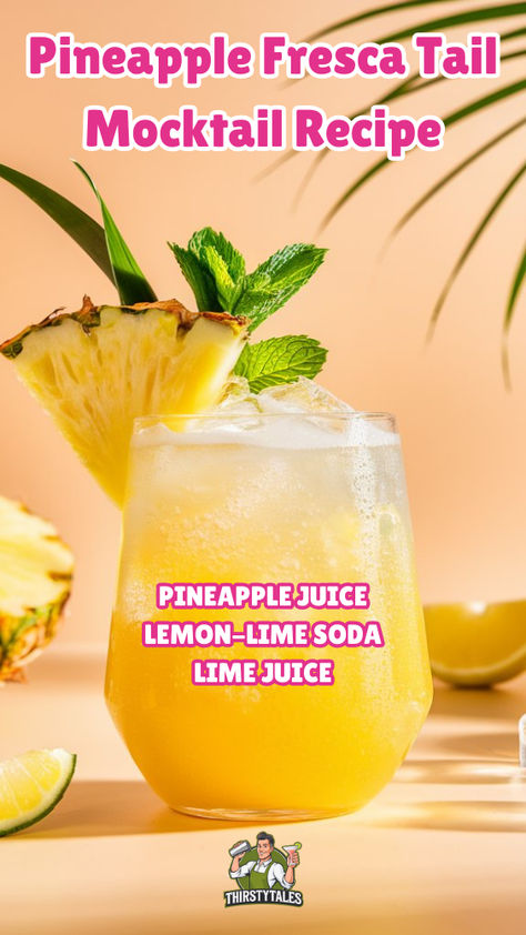 "Discover the ultimate Pineapple Fresca Tail Mocktail Recipe, a refreshing  tropical drink perfect for summer! This delightful non-alcoholic beverage  combines juicy pineapple flavors with a hint of mint, making it an ideal  choice for hot days. Enjoy this easy-to-make fruit mocktail at your next  gathering or as a solo refreshment. Perfect for those seeking delicious  pineapple recipes and vibrant summer refreshments. Sip on this Pineapple  Mocktail and embrace the taste of paradise!" Pineapple Coconut Mocktail, Mocktails Non Alcoholic With Pineapple Juice, Mocktails Non Alcoholic Pineapple, Pineapple Mocktail Recipe, Pineapple Juice Drinks Non Alcoholic, Pineapple Mocktail Non Alcoholic, Pineapple Fresca, Pineapple Mocktails, Painkiller Drink