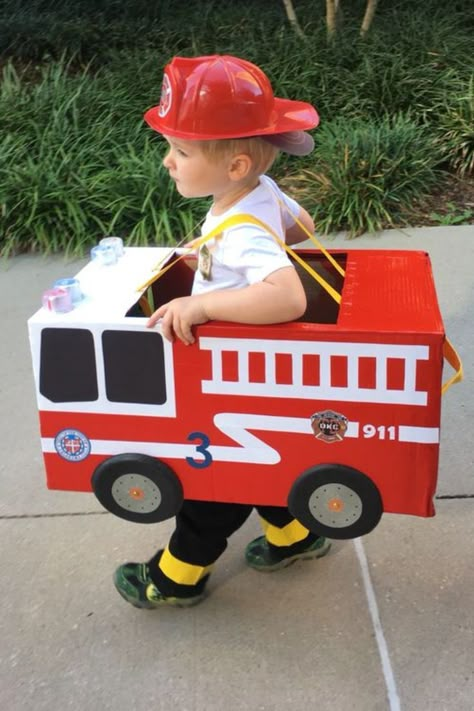 Fire Truck Costume, Best Toddler Costumes, Cute Toddler Costumes, Truck Costume, Unique Toddler Halloween Costumes, Diy Fantasia, Toddler Boy Halloween Costumes, Homemade Costumes, Halloween Pins