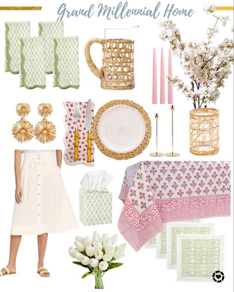 Grand Millennial Tablescape, Block Print Tablescape, Block Print Table Cloth, Pink And Green Tablescapes, Preppy Tablescape, Green Table Scape, Pink And Green Table Setting, Beach Table Settings, Grand Millennial Home