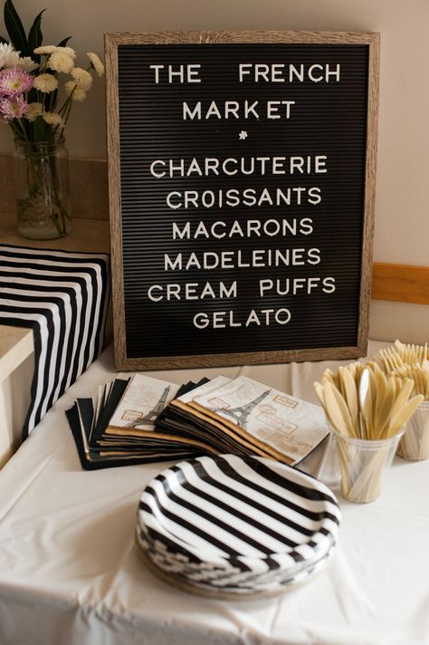 French baby shower food French Bridal Shower Food, Cafe Baby Shower Ideas, Bonjour Baby Shower Ideas, French Market Party, French Theme Party Food, Parisian Themed Baby Shower Ideas, Bonjour Bebe Baby Shower Theme, French Inspired Baby Shower Ideas, Bonjour To Four