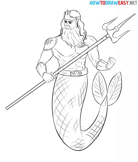 How to Draw Poseidon - How to Draw Easy Zeus Drawing Sketch, Zeus Drawing, Poseidon Drawing, Greek Drawing, Animal Stencil Art, Ancient Greece Art, God Drawing, Sea Drawing, Mermaid Drawings