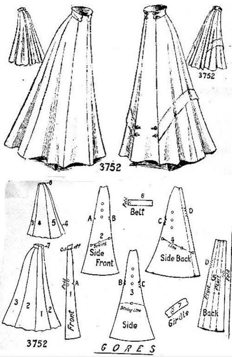 Ladies 8-gored skirt, Edwardian (1900s) More Ren Faire Corset Pattern, Steampunk Skirt Pattern, 1910 Skirt Pattern, Edwardian Skirt, Pola Rok, Historical Patterns, Patron Vintage, Historical Sewing, Gored Skirt