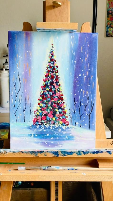 Christmas Canvas Art, Christmas Paintings On Canvas, Christmas In The City, Christmas Card Art, Christmas Tree Painting, Ideas For Easter Decorations, Holiday Painting, Winter Painting, Ideas For Easter