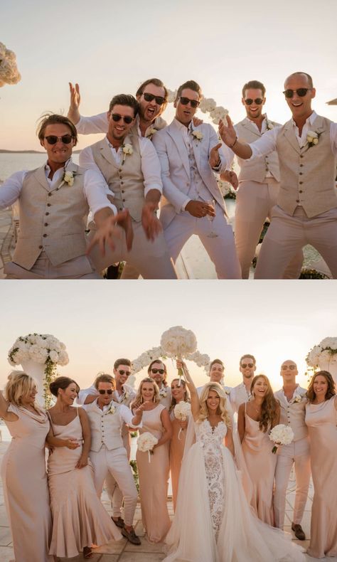 Beige Wedding Party Attire, Best Man Costume Wedding, Wedding Bestman Outfit, Day Party Wedding, Wedding Best Man Outfit Groomsmen, Groom And Groomsmen Attire Beige, Wedding Party Outfit Men, Bridesmaid Dress For Beach Wedding, Linen Three Piece Suit Groom