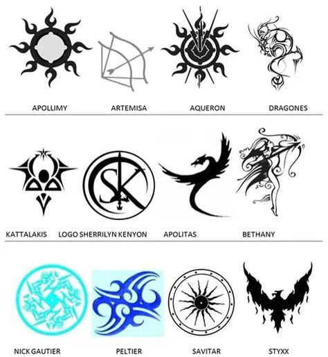 Dark Hunter book series symbols - I think for my 50 birthday, I am getting a tatto.  One of these for sure! Sherrilyn Kenyon Books, Sherrilyn Kenyon Dark Hunter, Chronicles Of Nick, Hunters Dream, Hunter Tattoo, Sherrilyn Kenyon, Dark Hunter, Rp Characters, Knit Ideas