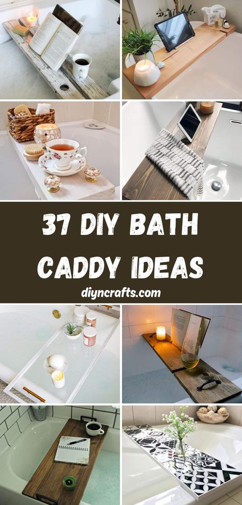 37 DIY Bath Caddy Ideas (Functional and Decorative) Over The Bathtub Shelf, Diy Bath Table, Bathtub Shelf Trays, Diy Bath Caddy Tray, Bathtub Caddy Tray Diy, Bathtub Accessories Ideas, Tub Caddy Decor, Bath Board Styling, Bath Rack Ideas