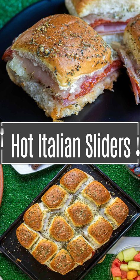 Hot Italian Sliders, Easy Game Day Food, Italian Sliders, Sliders Recipes Hawaiian Rolls, Easy Slider Recipes, Ham Sliders, Slider Sandwiches, Cheese Baked, Slider Buns