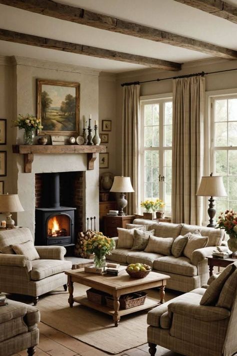 Cottage Fireplace Ideas, Country Style Living Room Ideas, Coastal Grandmother Home, Cosy Cottage Living Room, Red And Green Decor, Salons Cottage, English Cottage Living Room, Style Living Room Ideas, Estilo Cottage