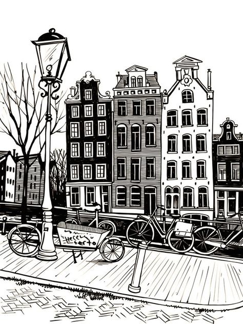 Amsterdam Doodle, Netherlands Drawing, Amsterdam Drawing, Amsterdam Watercolor, Netherlands Art, Amsterdam Art, Boat Drawing, City Sketch, Building Drawing