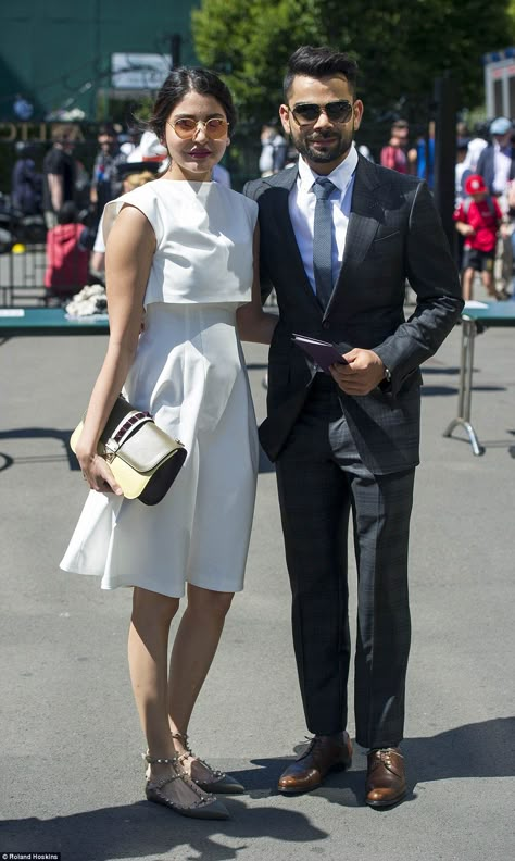 Bollywood actress Anushka Sharma and Indian cricketer Virat Kohli - At 2015 Wimbledon.  (10 July 2015) Anushka Virat, Virat Kohli Hairstyle, Virat Anushka, Anushka Sharma And Virat, Virat Kohli And Anushka, Virat And Anushka, Wedding Dresses Men Indian, Lawn Tennis, Bollywood Couples