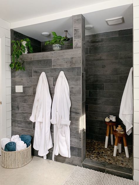 Walk-in Wood Tile shower with pebble floor Cabin Bathroom, Cabin Bathrooms, Tiled Shower, Bathroom Redesign, Master Bath Remodel, Bathroom Remodel Shower, Bathroom Remodel Designs, Upstairs Bathrooms, Basement Bathroom