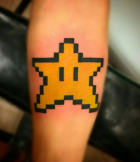 Original Super Mario Brothers star arm tattoo by Josh Montiel at Valkyries Tattoo Gainesville Fl inkbyjosh5@gmail.com Tattoo Sleeve Background, Super Mario Tattoos, Mario Star Tattoo, Mario Tattoos, Sleeve Background, Super Mario Tattoo, Space Sleeve, Theme Tattoos, Hop Tattoo