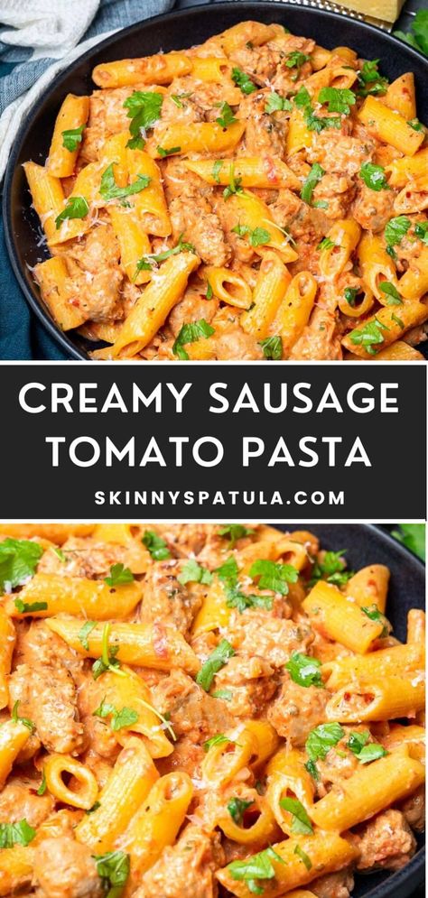 Creamy Sausage and Tomato Pasta Sausage And Tomato Pasta, Asparagus On The Grill, How To Grill Asparagus, Grill Asparagus, Asparagus Grilled, Creamy Sausage Pasta, Ground Sausage Recipes, Chicken Sausage Recipes, Pork Sausage Recipes