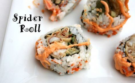 Spider Sushi Roll, Spider Roll Sushi, Sushi Types, Kinds Of Sushi, Valentines Date Night, Sushi Master, Sushi Roll Recipes, Layered Drinks, Baby Shower Food Ideas