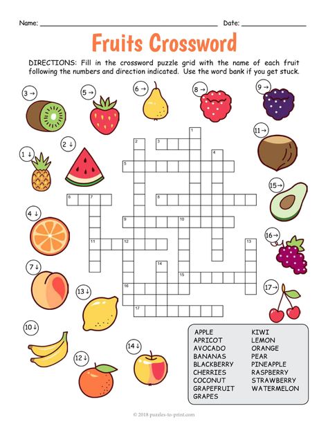 Food Crossword Worksheets, English Crosswords Worksheets, Fruit Worksheets For Kids, Crosswords Worksheets, Food Crossword, English Crosswords, Fruit Worksheet, Crossword Puzzles Printable, Kids Crossword Puzzles