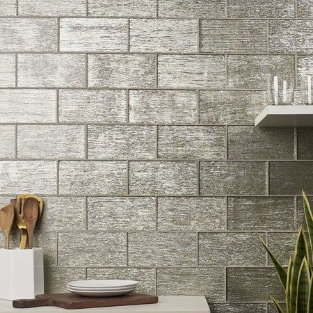 Check this photo out! Glitter Subway Tile, Beveled Tile Backsplash, Painted Glass Tile Backsplash, Brass Backsplash Kitchen, Gold Backsplash Kitchen, Sheet Metal Backsplash, Trendy Backsplash, Metal Backsplash Kitchen, Backsplash Installation