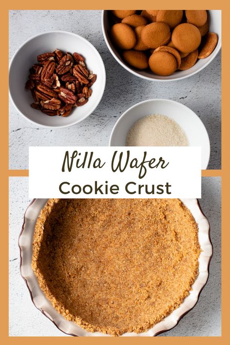 This Vanilla Wafer Crust recipe is such an easy and delicious crust option! This crust uses store-bought nilla wafers, as well as walnuts for a unique twist on this classic crumb crust. It takes less than 5 minutes to put together and can be used for a no-bake pie filling. #piecrust #pierecipes #crustrecipes #pie Nilla Wafer Crust No Bake, Nilla Wafer Pie Crust, Vanilla Wafer Pie Crust, Simple Pie Crust, Coconut Pie Crust, Types Of Pies, Nilla Wafer Crust, Holiday Baking Gifts, Wafer Cookie