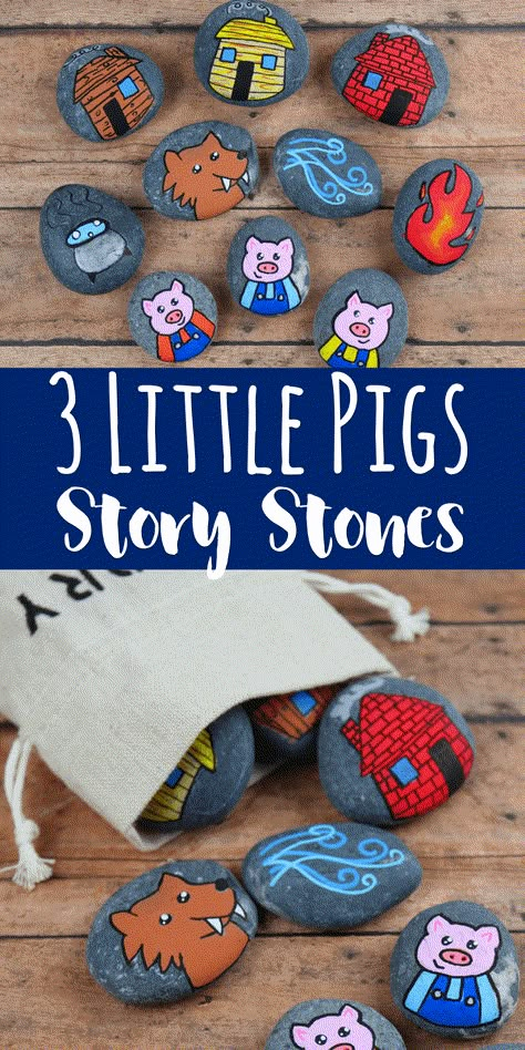 These 3 Little Pigs story stones are perfect for re-telling and reading comprehension. Using flat rocks and paint pens, these are simple to make! Story Rocks, Three Little Pigs Story, 3 Little Pigs, Story Stone, Small Pigs, The Three Little Pigs, Story Stones, Rock Painting Ideas Easy, Tikal