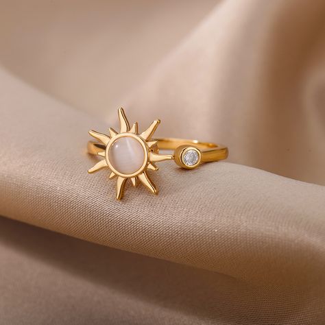 Adjustable Stainless Steel Opal Sun Ring – Trendy Geometric Charm for Women. #AmrahCart #OpalSunRing #TrendyJewelry #GeometricCharm Ring Party Jewelry, Birthday Fashion, Fidget Rings, Trendy Ring, Rings Jewelry Fashion, Finger Rings, Birthday Jewelry Gift, Fashion Ring, Open Ring