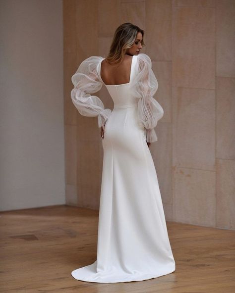 Idea! Long Sleeve Wedding Dress Attachment, White Bishop Sleeve Dress, Wedding Dresses With Bubble Sleeves, Wedding Dress Cuff Sleeves, Wedding Dress Long Puffy Sleeves, Big Puff Sleeve Wedding Dress, Pearl Puff Sleeve Wedding Dress, Puffy Sleeve Wedding Gown, Wedding Dresses With Big Sleeves