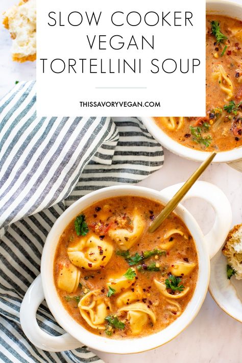 Slow Cooker Vegan Tortellini Soup - This Savory Vegan Fall Vegan Dinner, Sausage Cheese Tortellini, Vegan Slow Cooker Soup, Tortellini Soup Crockpot, Vegan Tortellini, Slow Cooker Tortellini Soup, Meatless Soups, Vegetarian Gourmet, Slow Cooker Vegan