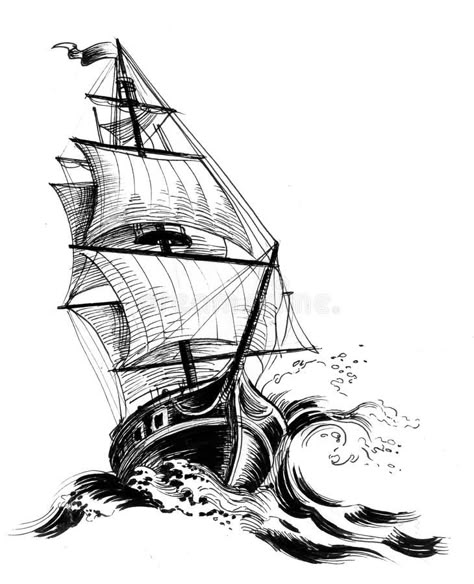 Old Sailing Ships Drawing, Sailing Ships Drawing, Ships Drawing, Pirate Ship Drawing, Pirate Ship Tattoos, Ship Tattoos, Ship Sketch, Pirate Ship Tattoo, Drawing Tattoo Ideas