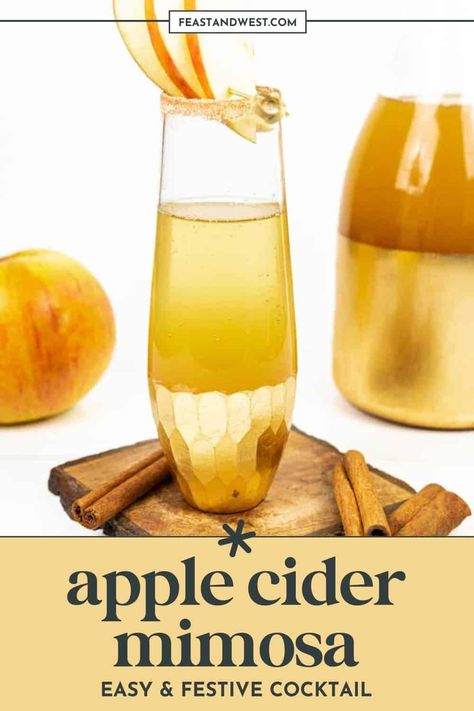 Pour a round of apple cider mimosas! These sparkling, bubbly cocktails feature spiced apple cider and a cinnamon sugar rim for the ultimate fall brunch drink. Serve it at Thanksgiving or Friendsgiving, or any other fall celebration! https://feastandwest.com/apple-cider-mimosa/ Fall Brunch Drinks, Cider Mimosa Recipe, Thanksgiving Apple Cider, Apple Cider Mimosa Recipe, Mimosa Ingredients, Cider Mimosa, Bubbly Cocktails, Classic Mimosa, Mimosa Recipes