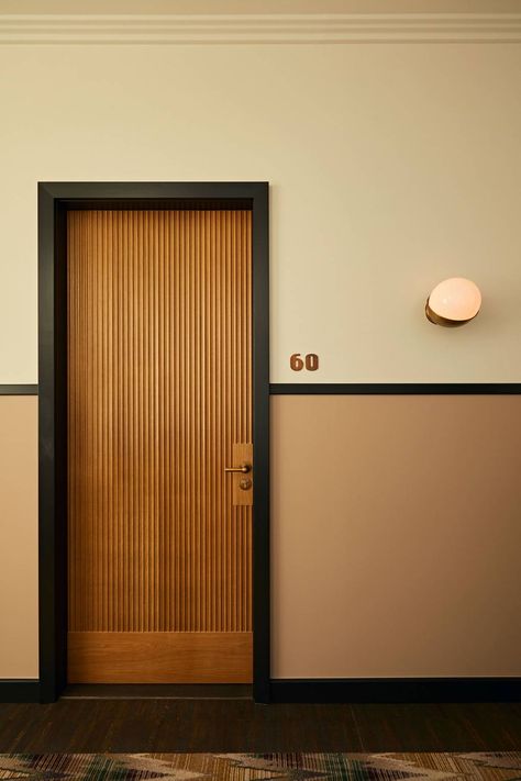 Soho House Amsterdam review | CN Traveller Art Deco Colours, Interior Hotel, Modern Wooden Doors, Corridor Design, Hotel Door, Bedroom Door Design, Interior Vintage, Room Door Design, Wooden Door Design