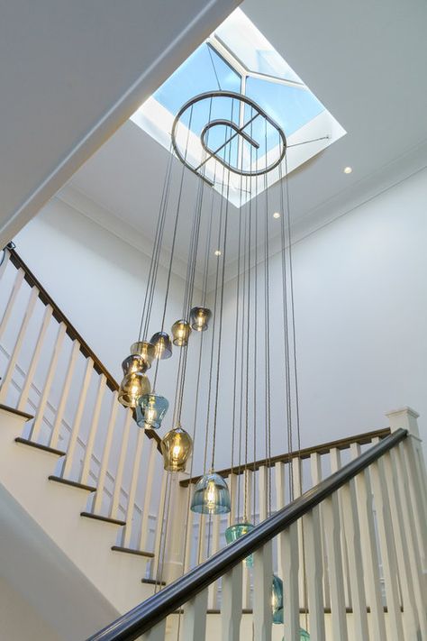 New Forest Stairwell Chandelier — Curiousa & Curiousa Chandelier From Skylight, Open To Sky Design, Staircase With Lights, Stairs Chandelier, Modern Skylights, Stairwell Chandelier, Spiral Chandelier, Chandelier Designs, Skylight Design