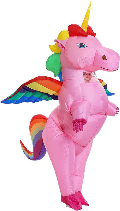 Inflatable Unicorn Costume, Inflatable Unicorn, Winged Unicorn, Rainbow Costumes, Trio Costumes, Dinosaur Halloween, Purple Gloves, Inflatable Costumes, Unicorn Halloween