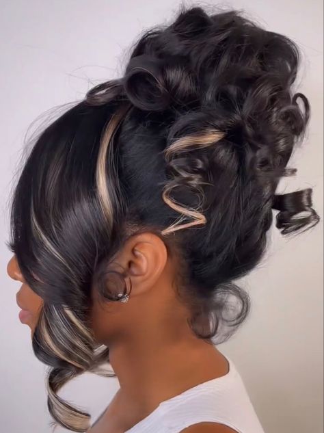 Long Hair Updo Black Women, Slick Updo Hairstyles Black, Wedding Curly Bun Hairstyles, Curled Updo Hairstyles Prom, Curl Updo Black Women, Elegant Updo For Black Women, Updo Sew In, Blonde Bun Black Women, Updo With Side Bangs Black Women