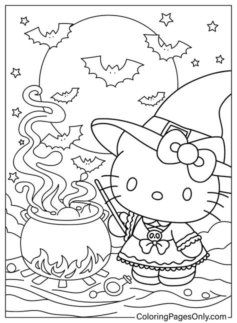 Hello Kitty Coloring Pages, Kitty Coloring Pages, Cute Halloween Coloring Pages, Halloween Coloring Sheets, ليلو وستيتش, Hello Kitty Colouring Pages, Kitty Coloring, Painting Pictures, Halloween Coloring Book