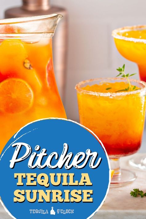 Pitcher tequila sunrise recipe Big Batch Tequila Sunrise, Tequila Sunrise Pitcher, Tequila Sunrise Pitcher Recipe, Tequila Big Batch Cocktails, Tequila Punch For A Crowd, Pitcher Cocktails Summer, Tequilla Sunrise, Tequila Orange Juice, Tequila Punch