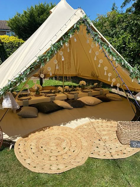 Sleepover Tent Ideas, Iced Coffee Bar, Bell Tent Interior, Outdoor Meditation Space, 5m Bell Tent, Outdoor Meditation, Glamping Birthday, Romantic Hideaways, Party Theme Decorations