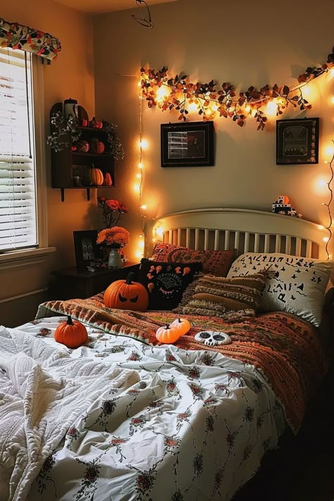 #HalloweenBedroom #SpookyDecor #HauntedHouse #TrickOrTreat #GhoulishBedroom #PumpkinPatches #WitchyVibes #CreepyCrawlies #GhostlyBedroom #CostumeParty #FrightNight #HalloweenHome #ScaryDecor #Boo-tifulBedroom #JackOLanterns Halloween Room Ideas, Halloween Decorations Bedroom, Halloween Bedroom Ideas, Eerie Lighting, Fall Room Ideas, Autumn Bedroom Decor, Fall Apartment Decor, Halloween Sleepover, Halloween Bedroom Decor