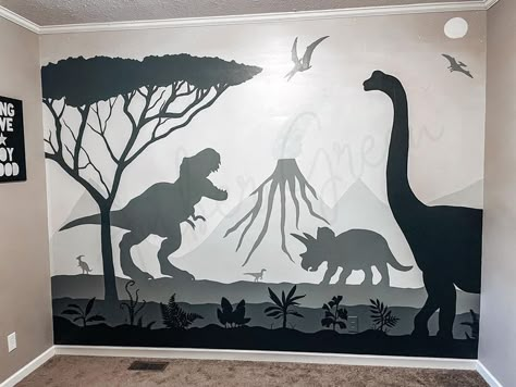 Boys Dinosaur Room, Dinosaur Bedroom Wall, Black And White Mural, Dinosaur Mural, Mural Hand Painted, Boys Dinosaur Bedroom, Boys Room Mural, Dinosaur Boys Room, Dinosaur Kids Room