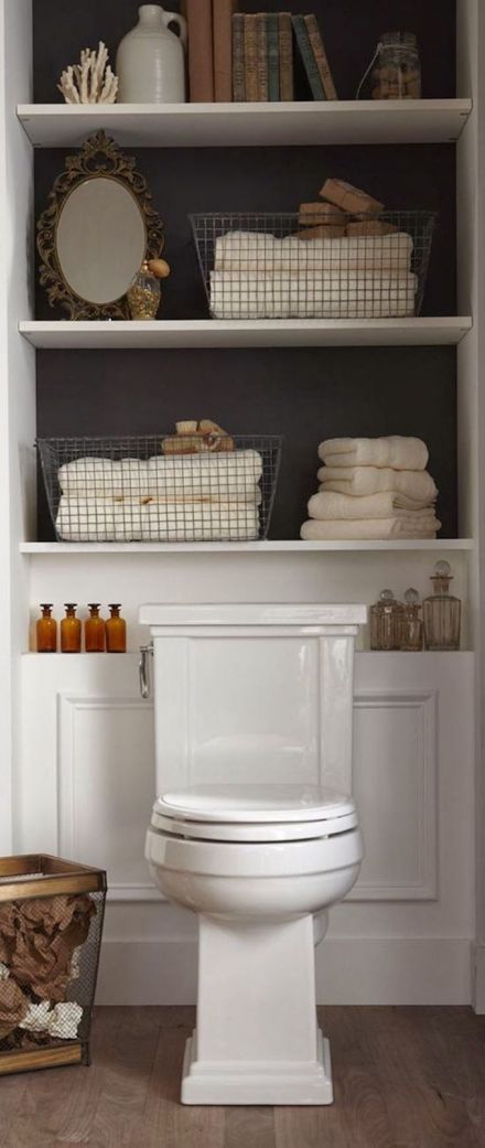 23 Brilliant Bathroom Storage Ideas To Solve ALL Your Clutter Problems - Expert Home Tips Makeover Kamar Mandi, Shelves Above Toilet, Shelves Over Toilet, Bathroom Wall Storage, Bathroom Storage Solutions, Bad Inspiration, Downstairs Toilet, Bathroom Closet, Toilet Room