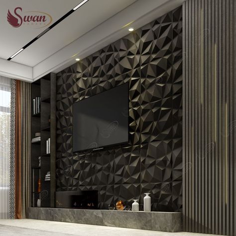 Black Wall Panel, Pvc Wall Panels Designs, Pvc False Ceiling, Wall Cladding Designs, Pvc Cladding, Kitchen Ceiling Design, Tv Fal, Black Feature Wall, Cladding Design