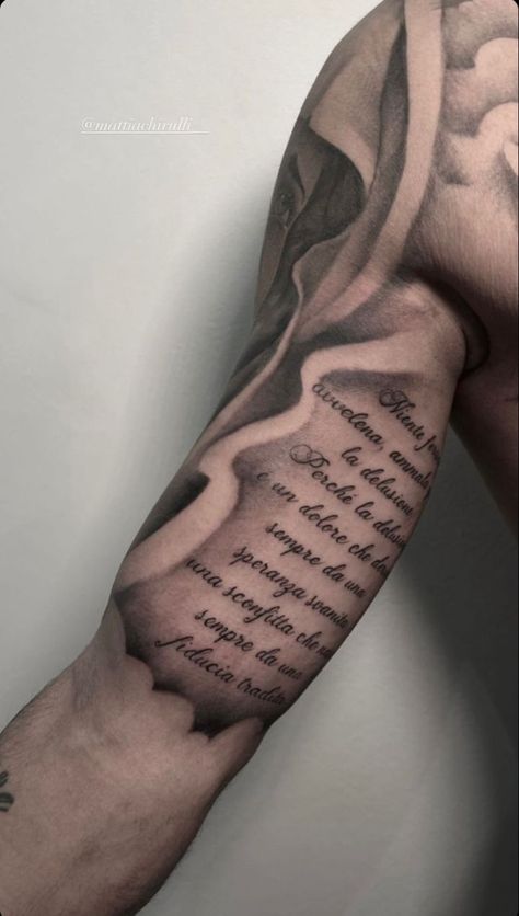 Inner Bicep Text Tattoo, Inner Bicep Quote Tattoo, Bicep Lettering Tattoo, Inside Bicep Tattoo Mens Words, Scroll Tattoo For Men, Bicep Tattoo Men Inner, Front Bicep Tattoo, Inside Arm Tattoo For Guys, Scroll Tattoo Designs