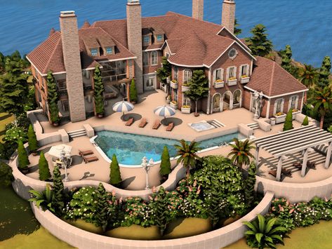 The Sims Resource - Huge Mansion Sims 4 Vacation House Base Game, Sims 4 Estate Houses, Sims 4 Interior Design Ideas, Mansion Sims 4, Sims 4 Cc Lots, Sims 4 Beach House, Sims 4 Family House, Huge Mansion, Sims 4 Modern House